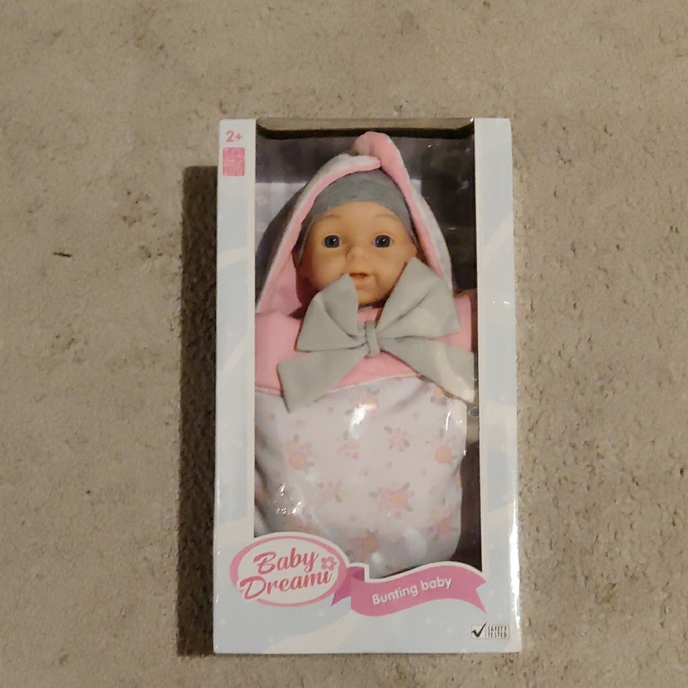 New! Baby Dream Bunting Baby Doll - Pink and Gray age 2+, 13" long